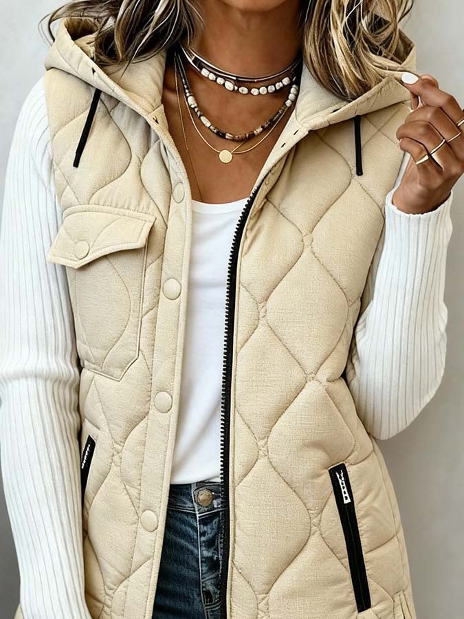 Lange Damen Steppweste Winter warm mit Kapuze beige