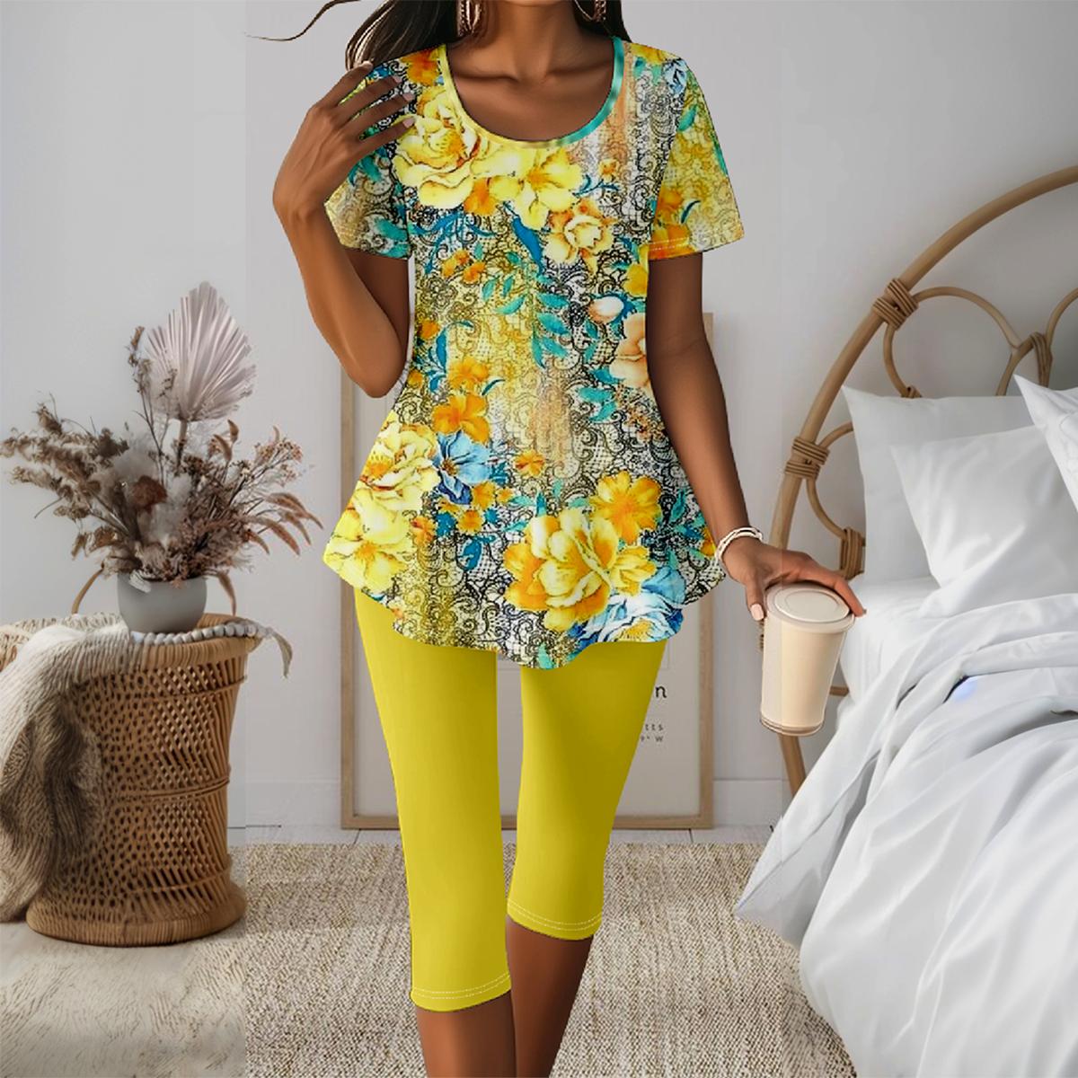 Herbstshafter Gelber Zweiteiler mit Blumenprint - Bequem und Schick