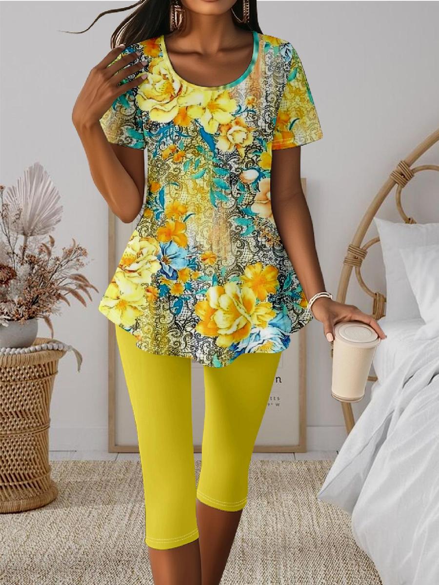 Herbstshafter Gelber Zweiteiler mit Blumenprint - Bequem und Schick