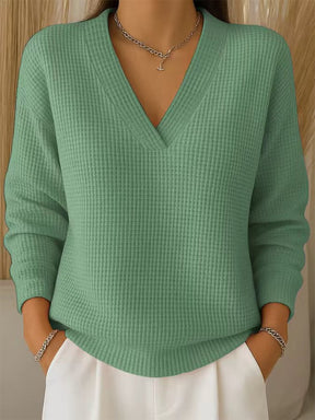 Winter Damen V-Neck Waffelstrick Pullover hellblau kuschelig warm