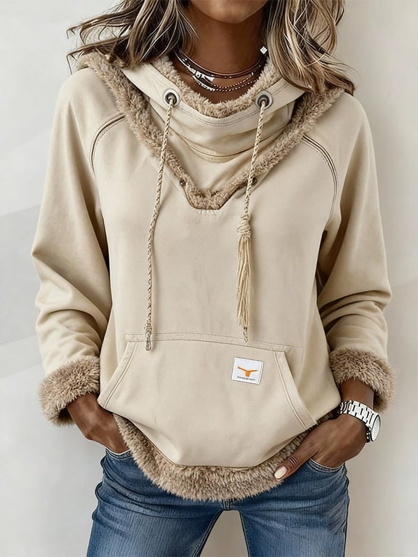 Damen Winter Hoodie Western Retro mit Teddyfutter Beige