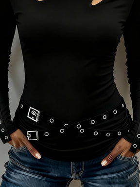 Schwarzes Winter Damen V-Neck Top mit Cut-out & Schnallen