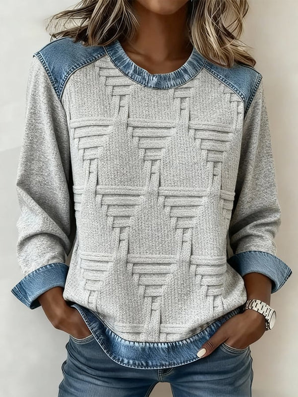 Winter Sweatshirt Damen grau mit Denim-Patchwork, warm