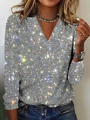 Winter Party Pailletten V-Neck Top Silber – Warm & Glamour