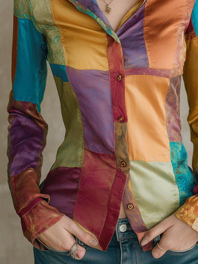 Buntes Satin Hemd Winterbluse geometrisch figurbetont Damen