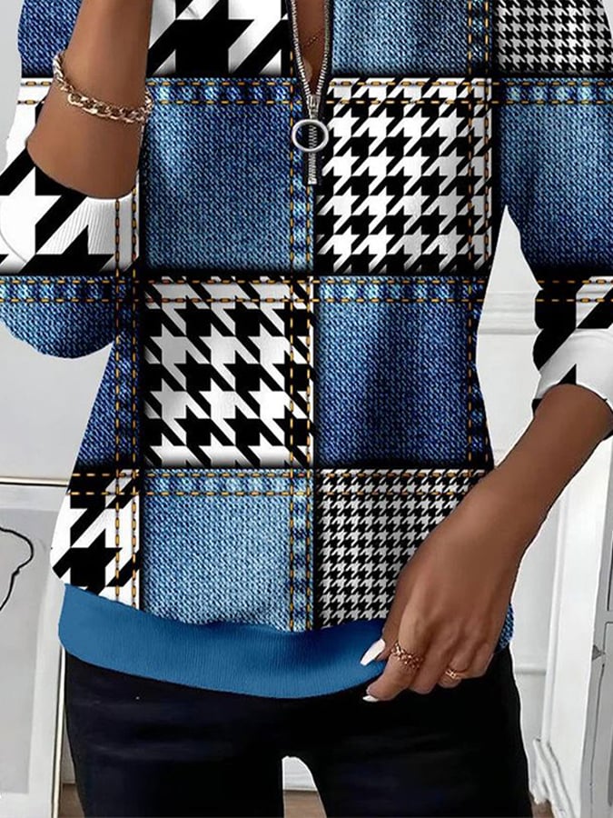 Damen Winter Sweatshirt Hahnentritt Colorblock Kuschelpullover