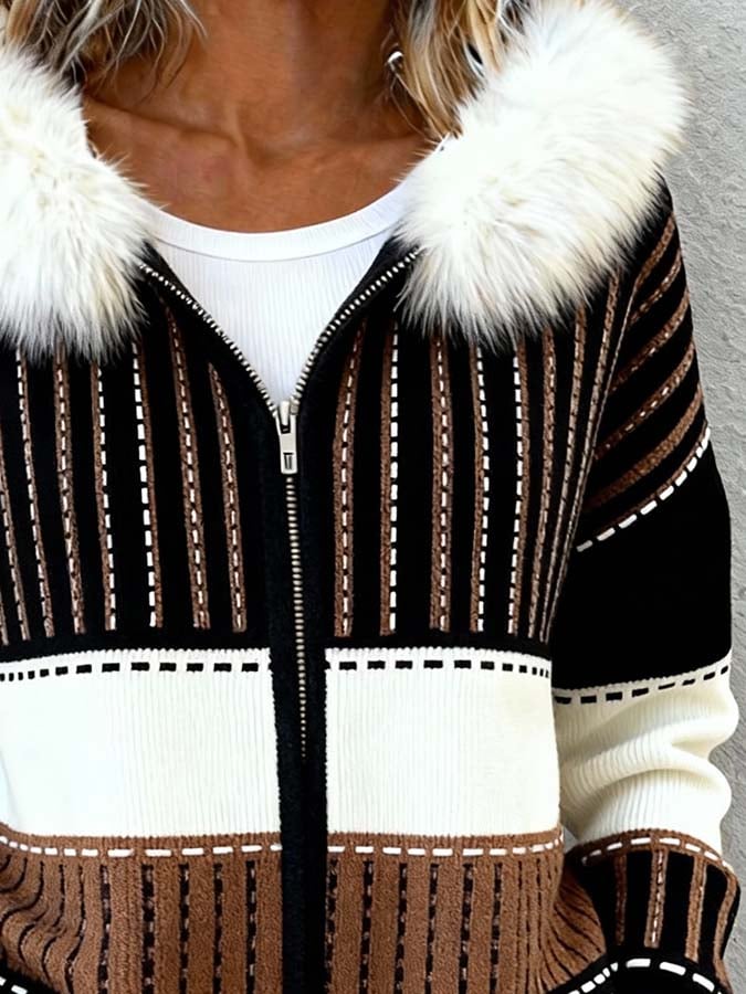 Kuschelige Damen Winter Patchwork Jacke mit Fellkapuze