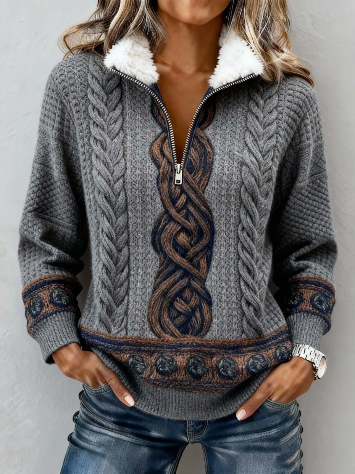 Damen Winter Pullover Sweatshirt warm kuschelig Color Block