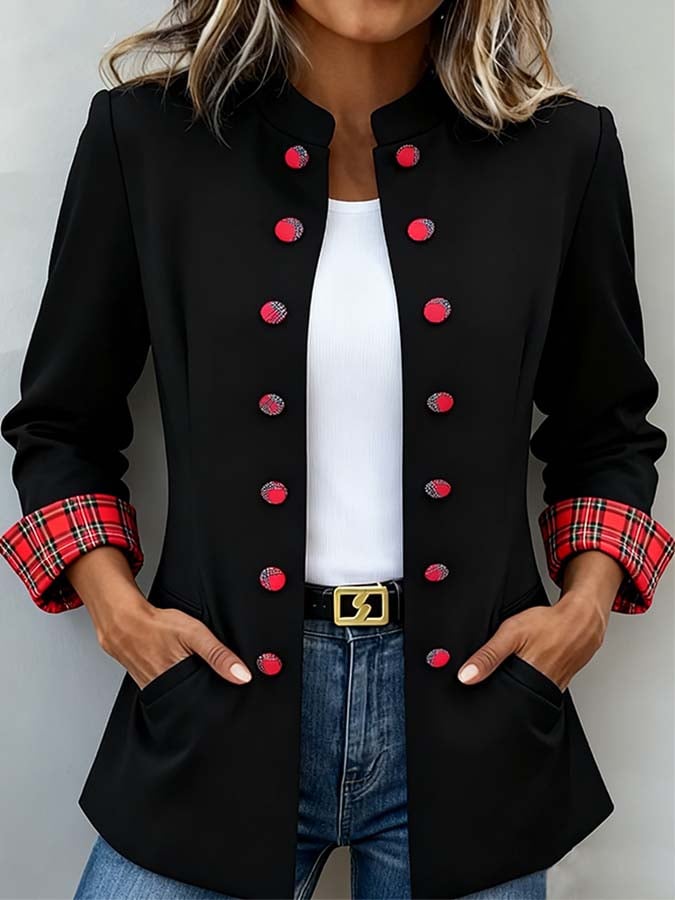 Eleganter Winter Blazer Schwarz mit Rotem Karo Trim Damen