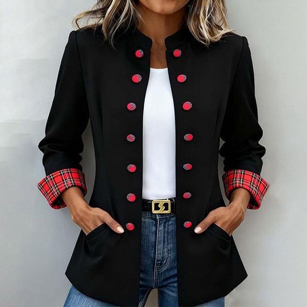 Eleganter Winter Blazer Schwarz mit Rotem Karo Trim Damen