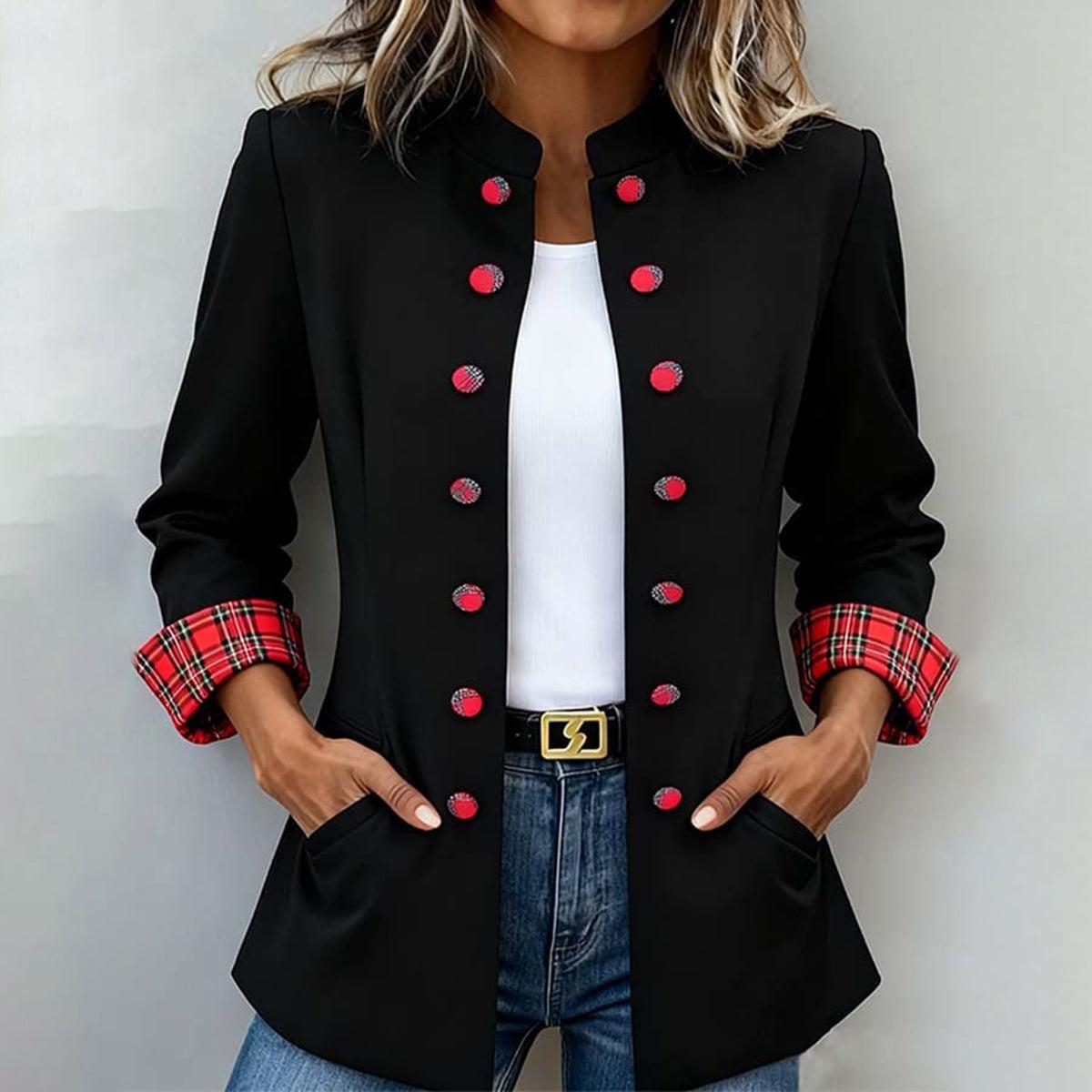 Eleganter Winter Blazer Schwarz mit Rotem Karo Trim Damen