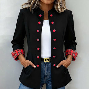 Eleganter Winter Blazer Schwarz mit Rotem Karo Trim Damen