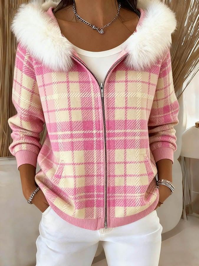 Herbstlicher Pink Check Zip Front Mantel - Modisch & Wärmend
