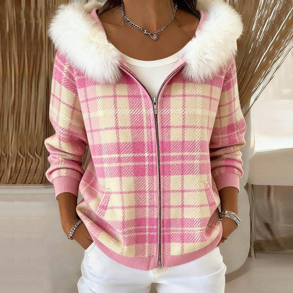 Herbstlicher Pink Check Zip Front Mantel - Modisch & Wärmend