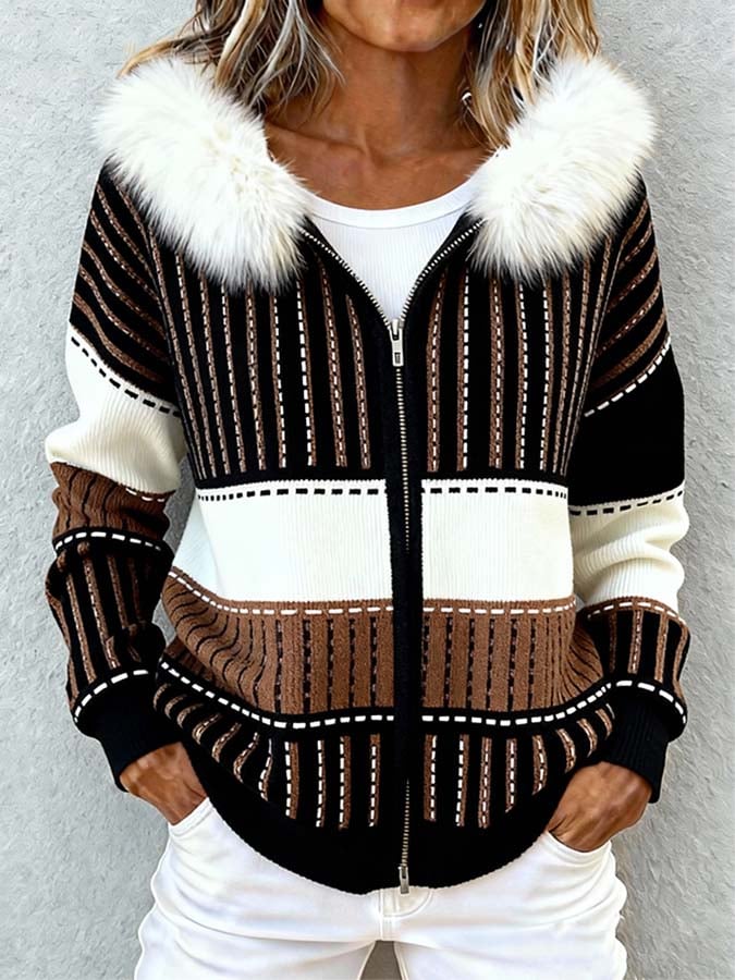Winter Damen Patchwork Jacke mit Fellkapuze warm & chic