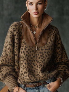 Herbst Must-Have: Luxuriöser Leopard Zip-Up Sweater für stilvolle Wärme