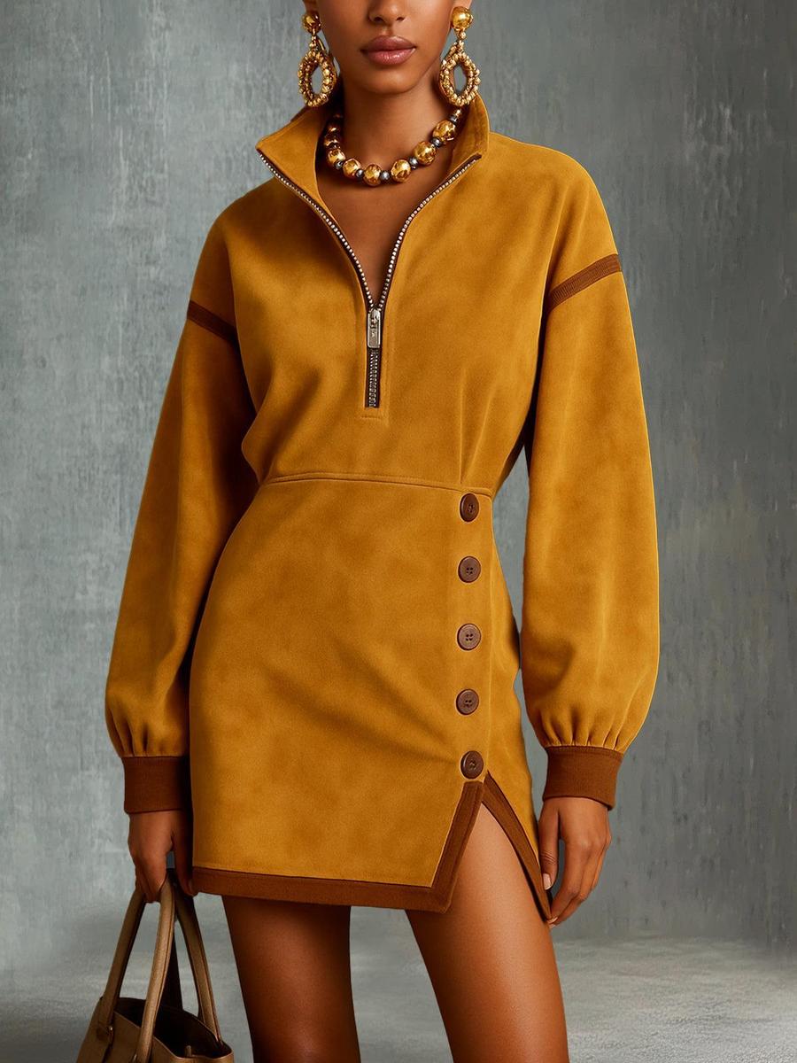 Bold Mustard Suede Mini Dress With Half-Zip Front And Asymmetrical Button Detail