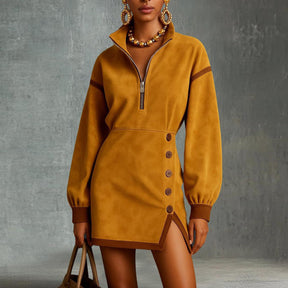 Bold Mustard Suede Mini Dress With Half-Zip Front And Asymmetrical Button Detail