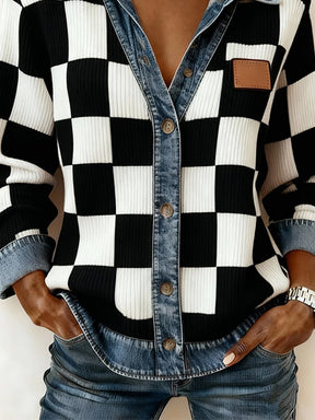 Winter Damen Cardigan Schachbrett Jeanslook warm & chic