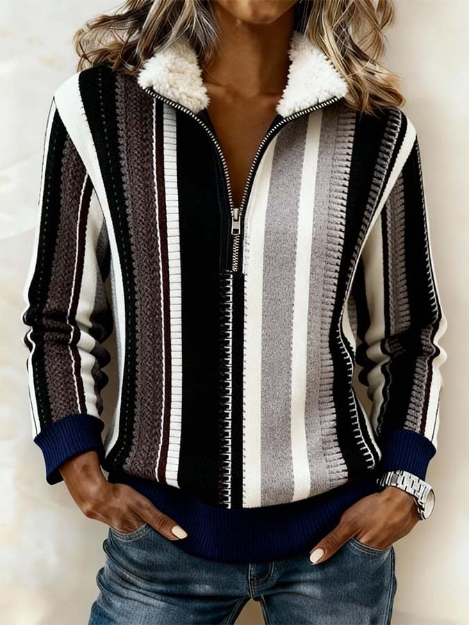Winter Damen Sweatshirt mit Teddykragen Colorblock Loose