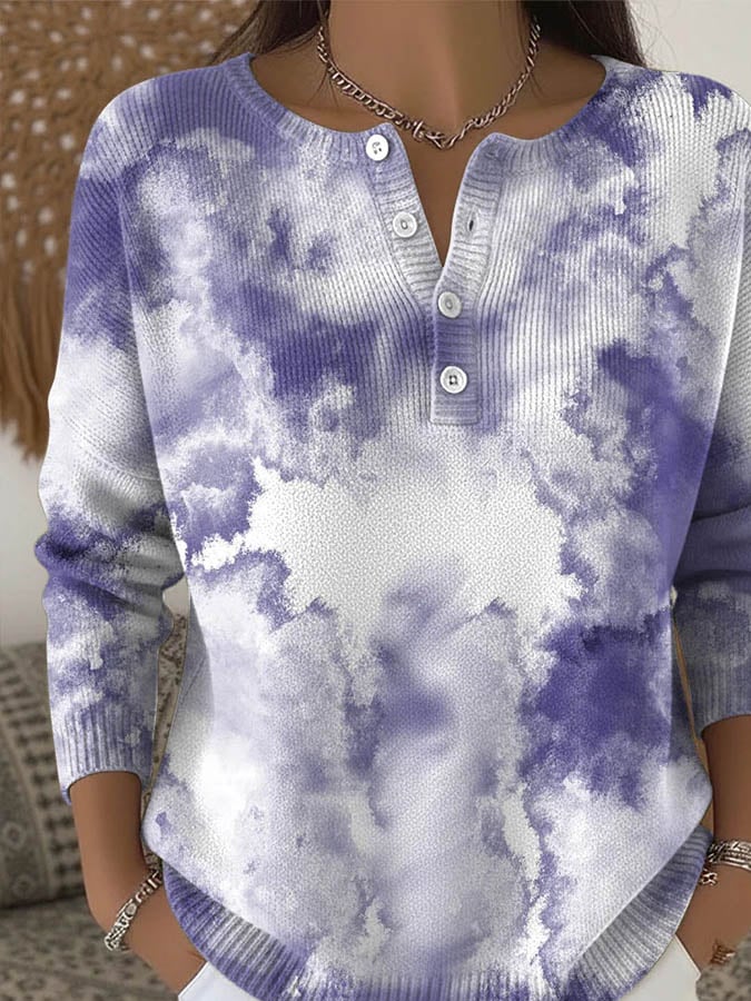 Winter Kuschel Stricktop Lila Weiß Cloudprint Langarm Damen