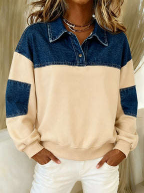 Kuscheliger Winter Damen Pullover mit Denim Patchwork Kragen