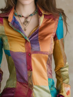 Buntes Satin Hemd Winterbluse geometrisch figurbetont Damen