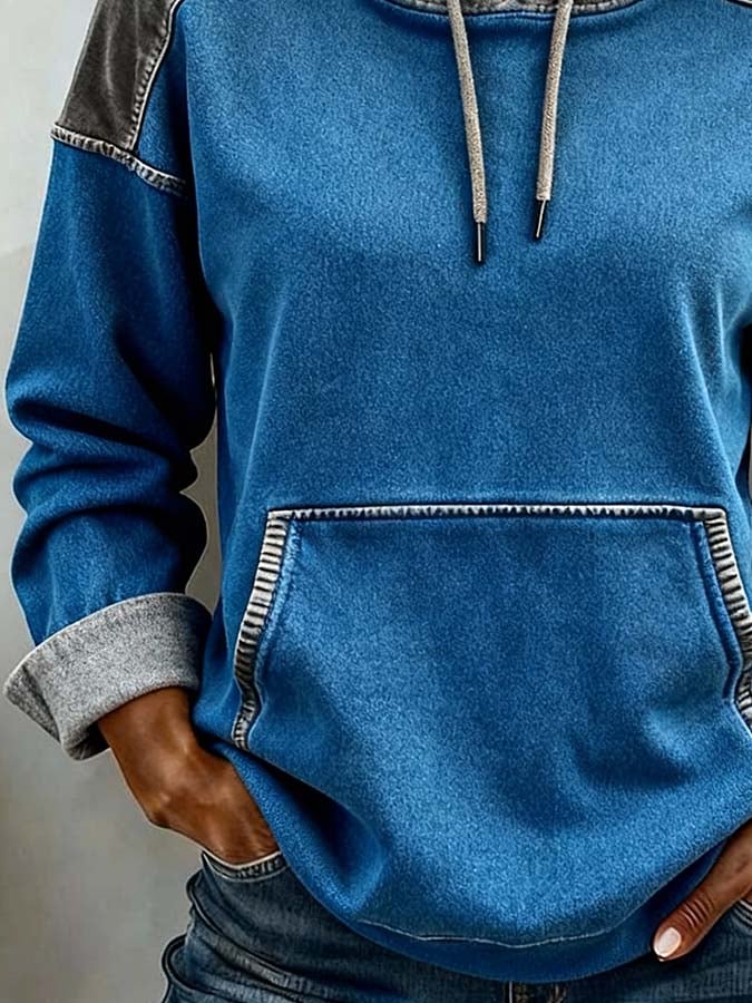 Winter Damen Hoodie Color Block warm kuschelig Jeansblau