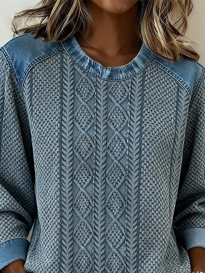 Winter Sweatshirt Zopfstrick-Optik Blau mit Denim Patchwork