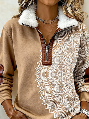 Winter Damen Teddy Sweatshirt Mandala Beige Kuschelpullover