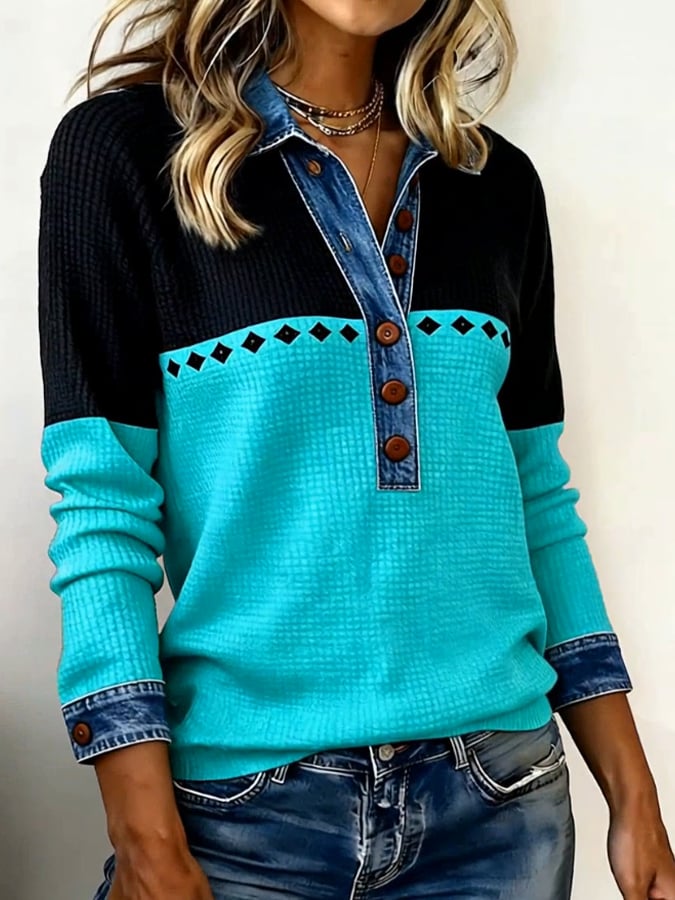 Winter Damen Colorblock Patchwork Shirt warm und stylisch