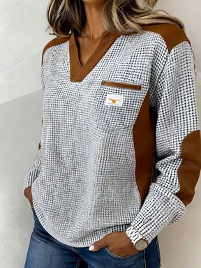 Damen Winter Waffelstrick Sweatshirt hellgrau cognac Casual
