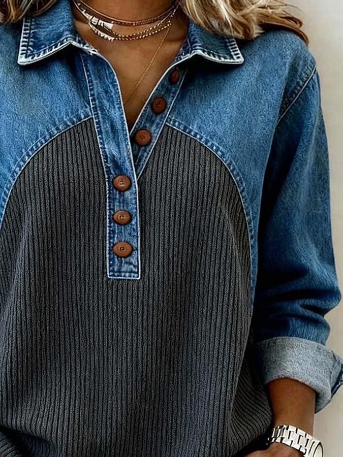 Damen Winter Sweatshirt Colorblock Denim Look kuschelig