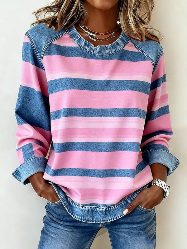 Winter Damen Sweatshirt Denim Patchwork rosa gestreift cozy
