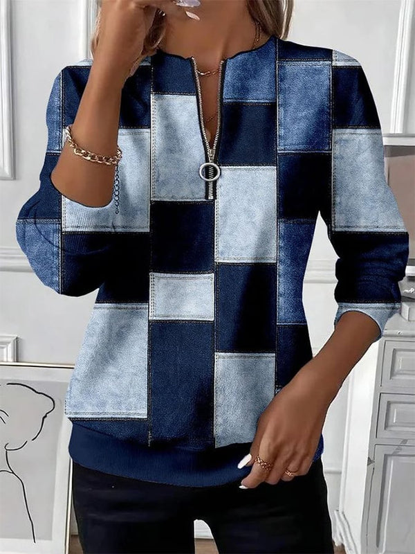 Winter Damen Sweatshirt Denim Patchwork Pullover warm navy