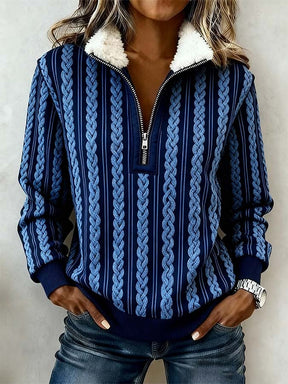 Damen Winter Fleece Pullover Dunkelblau mit Zopfmuster
