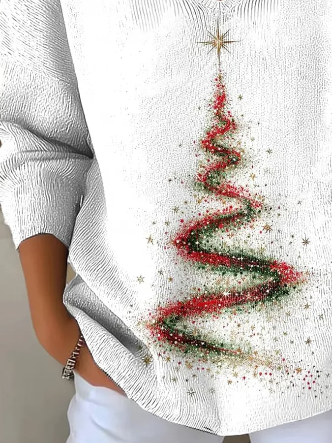 Weißes Weihnachts Damen Longsleeve mit Tannenbaum Print