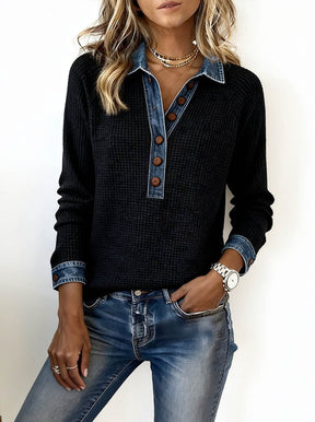 Winter Damen Waffelstrick Shirt mit Denim-Kragen Schwarz