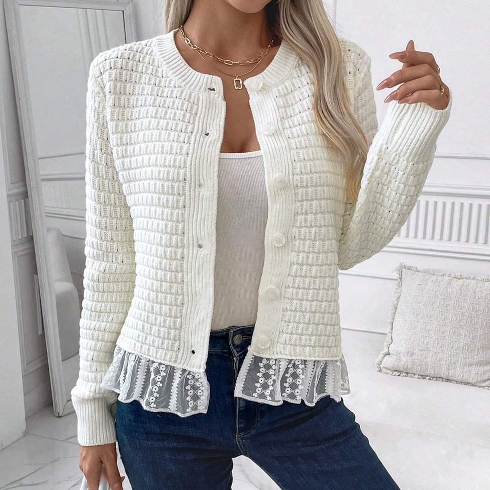 Modischer White Plain Round Neck Cardigan - Herbstshafter Leichtgewicht für jeden Anlass