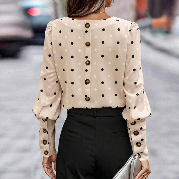Classy Round Neck Polka Dot Top - Elastisch, Eleganter Herbstslook