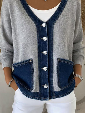 Warme Damen Strickjacke Grau mit Denim – Winter Cardigan