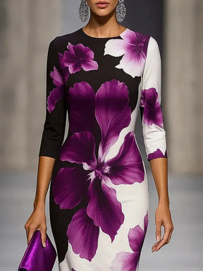 Floral Print Midi-Kleid mit Langarm - Eleganter Herbstsstil für jede Figur