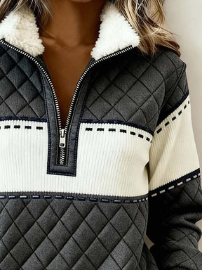 Winter Stepp-Sweatshirt Damen mit Kuschelkragen Grau Creme