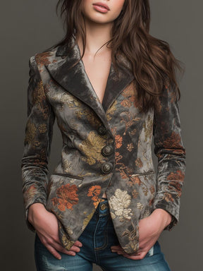Herbstzauber: Vintage Velvet Blazer mit floraler Stickerei - Luxus & Komfort