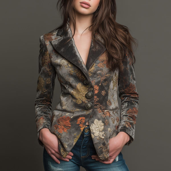 Herbstzauber: Vintage Velvet Blazer mit floraler Stickerei - Luxus & Komfort