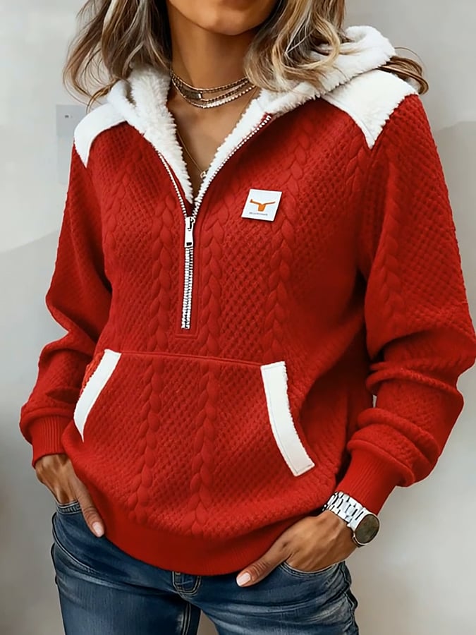 Kuscheliger Winter Hoodie rot weiß mit Fleece und Reißverschluss