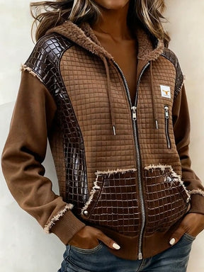 Warme Damen Patchwork Winterjacke mit Teddyfutter braun