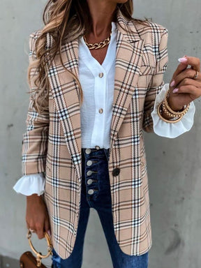 Khaki Karo Blazer Mantel – warmer Winter Long Jacket Damen