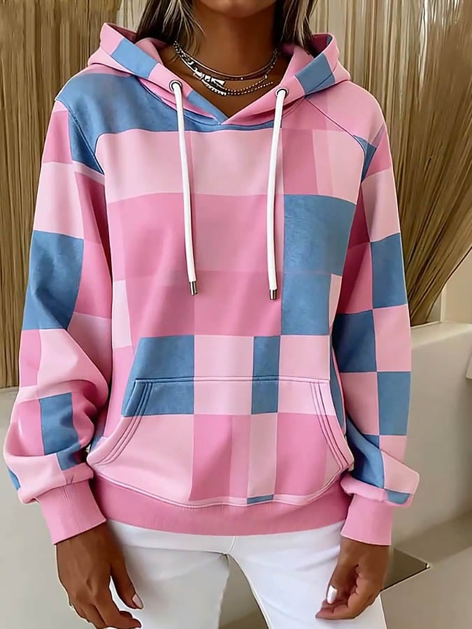 Winter Hoodie rosa-blau kariert warm kuschelig Damen