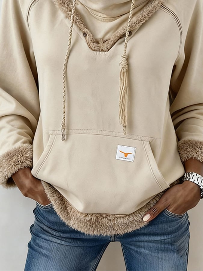 Damen Winter Hoodie Western Retro mit Teddyfutter Beige